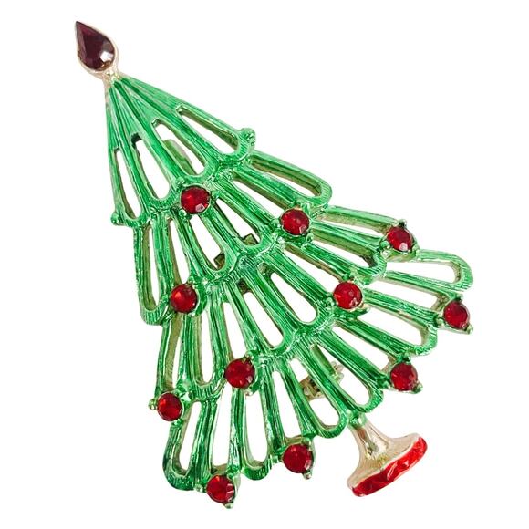 Vintage Christmas Tree Brooch Gold Tone Enamel Red Rhinestones Mid Century Retro - Picture 1 of 9